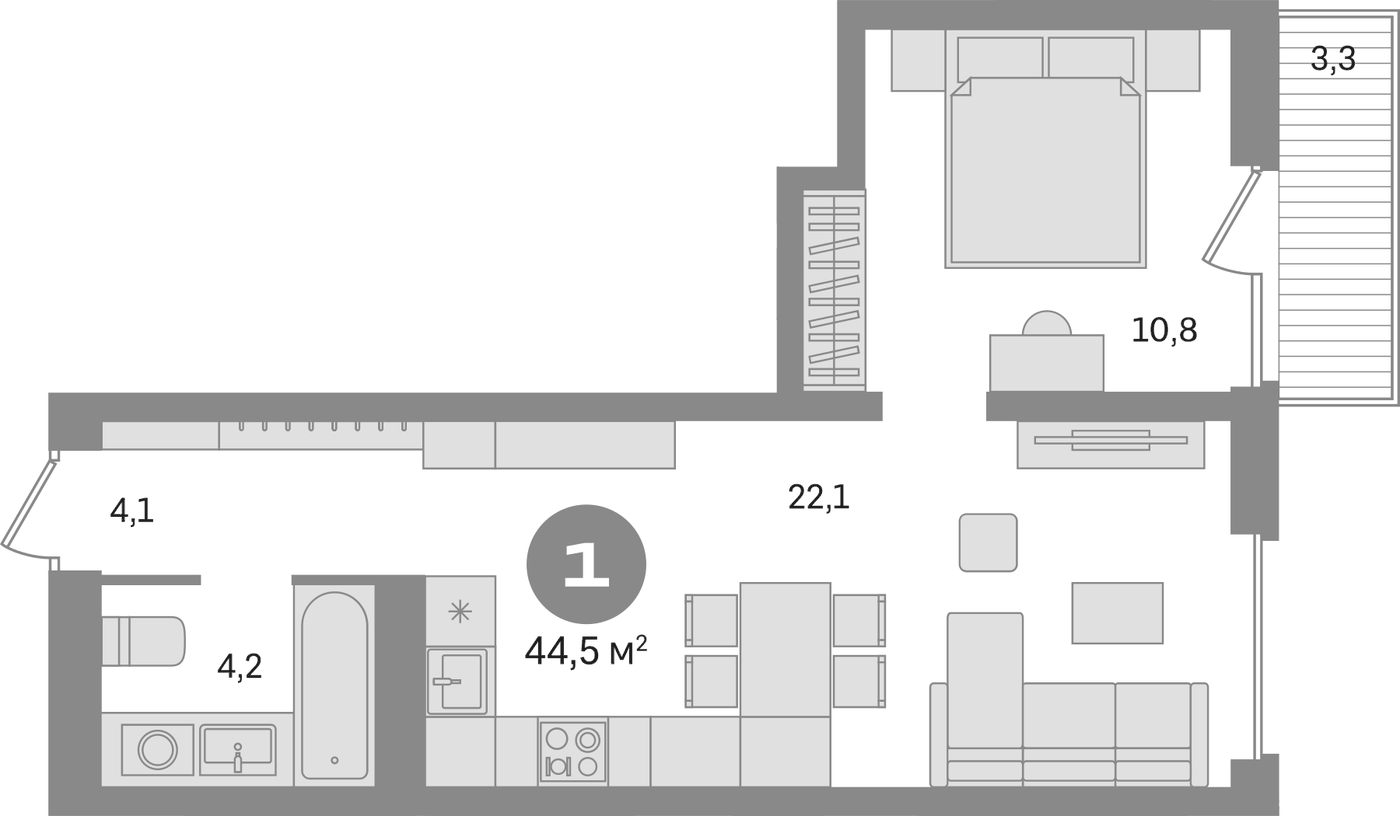 Планировка 2Е-к.кв, 44,5 м² в ЖК Северный квартал